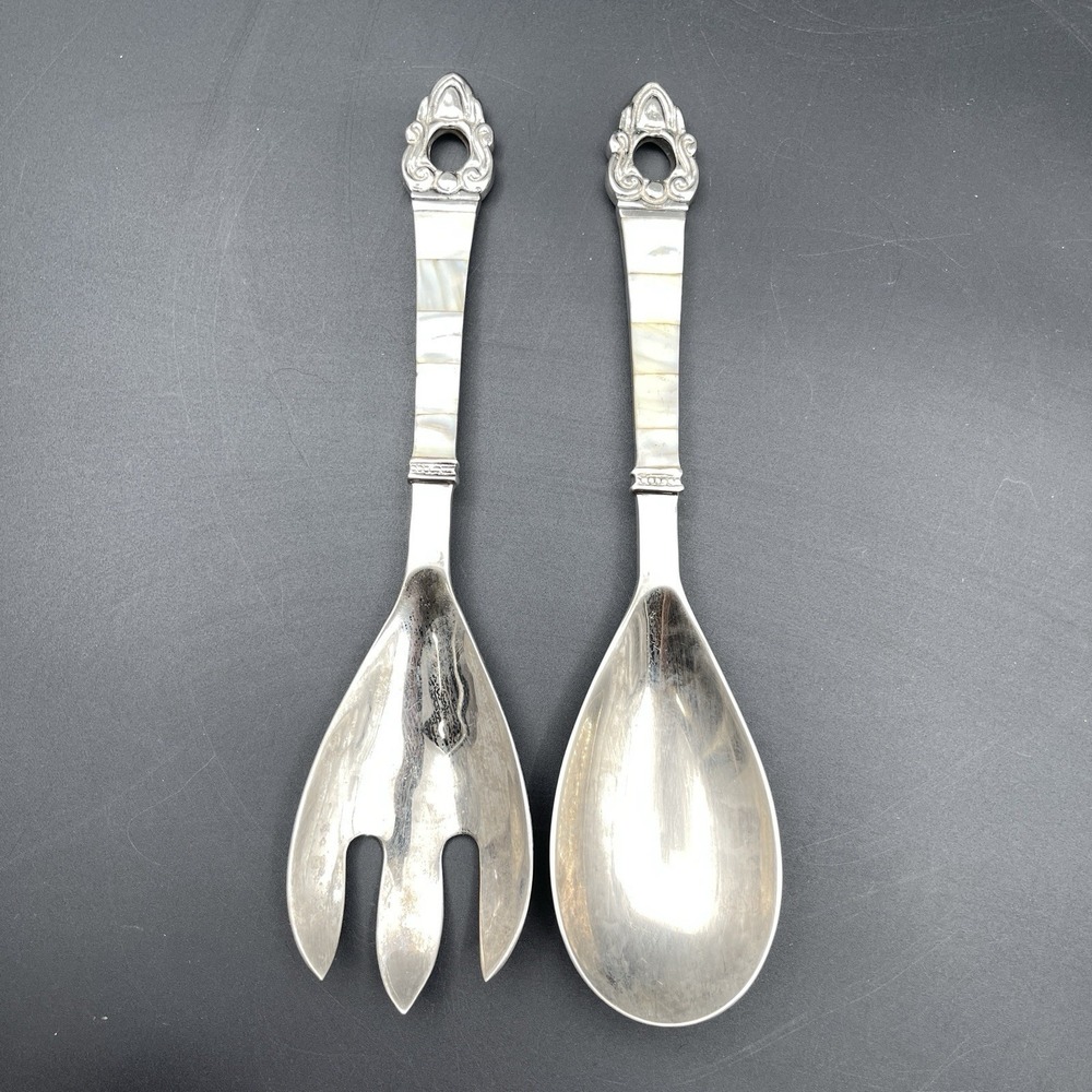 Vintage Mother of Pearl Handle Salad Serving Spoon & Fork Set Unmarked